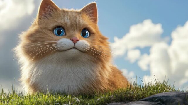 The shows an animated orange tabby cat with striking blue eyes looking off to the side with a slight smile on its face. The background features a soft-focus grassy area with light clouds in the sky.