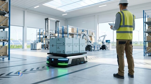 Industrial warehouse worker monitoring autonomous mobile robot carrying boxes, smart logistics automation with robotic arms in background, future of supply chain management and