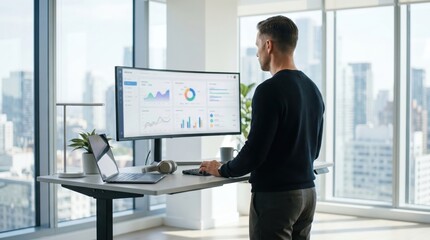 Fototapeta na wymiar Professional man working at standing desk with large monitor displaying business analytics and data charts in modern office with city view window background, remote work concept