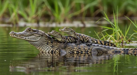Fototapeta premium Caiman mother carrying hatchlings on her back in shallow water, maternal care and protection in wildlife, nurturing nature scene perfect for Mother's Day concept.
