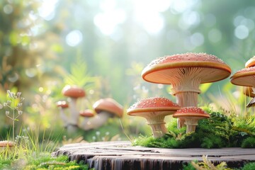 Naklejka premium Scenic view of vibrant fly agaric mushrooms thriving on a mossy tree stump in a sunlit forest, creating a magical atmosphere
