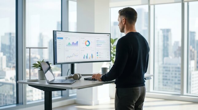 Professional man working at standing desk with large monitor displaying business analytics and data charts in modern office with city view window background, remote work concept