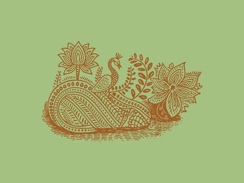 Stylized peacock and floral motifs, indian folk art inspired, design draws