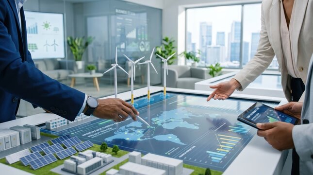 Business team discussing renewable energy strategy with wind turbine models and world map, corporate meeting, sustainability planning, green investment, climate change solution,