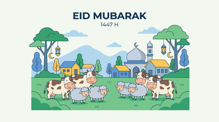 Obraz premium Flat design illustration of Eid Mubarak celebration with mosque, houses, trees, cows, and sheep in a village landscape.