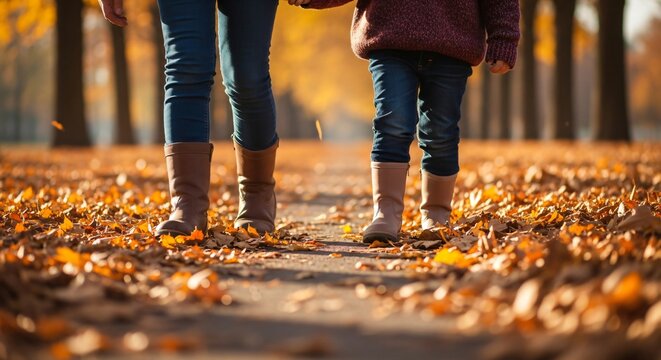 Mother and child walking hand in hand on path covered in autumn leaves, close up of legs and boots, family bonding in sunlit park, fall season connection