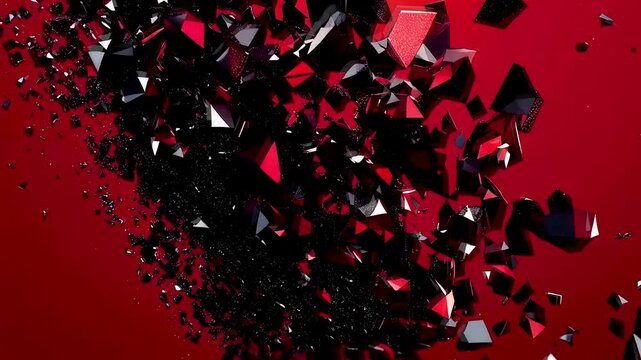 Shattered black fragments exploding across vivid red surface with sharp geometric debris and dynamic motion creating dramatic abstract composition