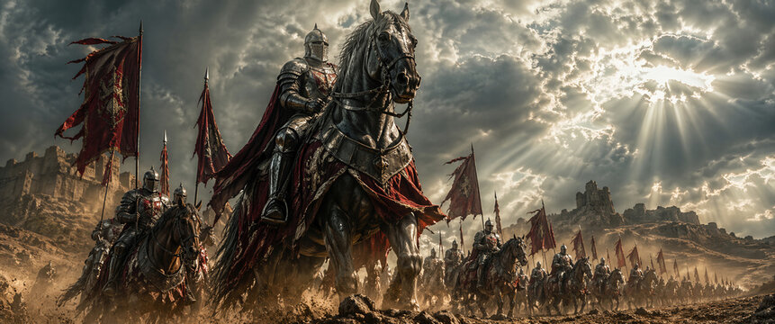 Heroic medieval army of knights in shining armor charging on warhorses across a desolate battlefield towards a ruined castle under a dramatic sky with cinematic sunbeams and dust.