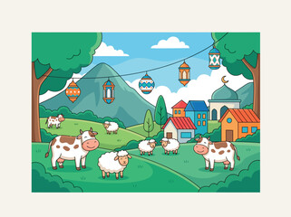 Obraz premium Cartoon illustration of Eid al-Adha celebration with cows and sheep grazing in a green landscape, a village with a mosque, and festive lanterns.