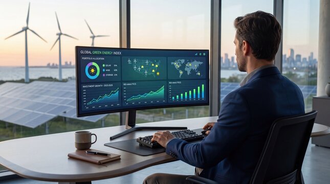 Businessman monitoring global green energy index dashboard with wind turbines and solar panels in background, sustainable investment portfolio analysis