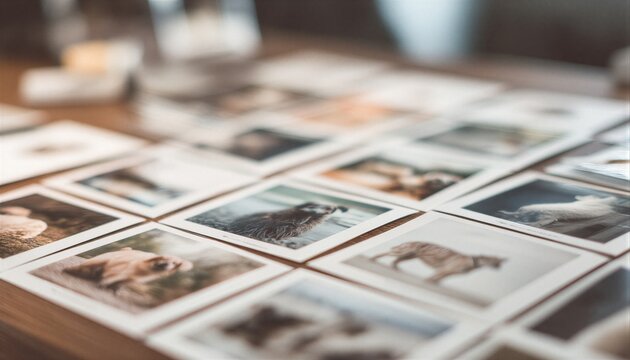 A collection of photographs depicting dogs, scattered across a wooden surface, evoking a sense of cherished memories and fleeting moments.