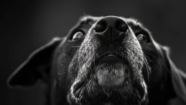 A dog staring at the camera with a focused gaze and sharp nose detail.