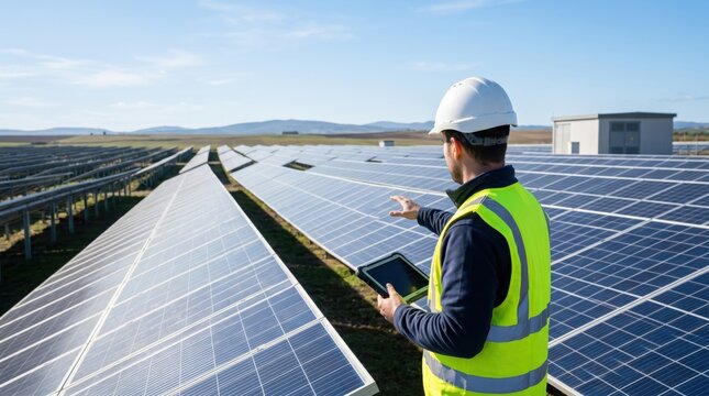 Engineer inspecting solar panels at a large photovoltaic power plant, renewable energy concept with blue sky and technology.
