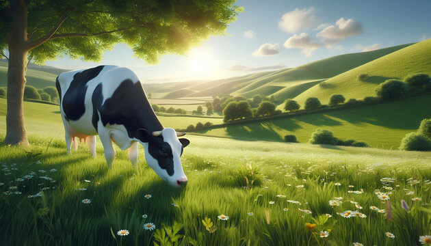 Dairy cow grazing under tree in sunny green meadow with rolling hills and wildflowers symbolizing natural farming sustainability and fresh milk production for World Milk Day