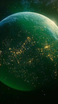 Computer-generated of a planet with numerous lights representing human settlements and stars in the background, highlighting galactic exploration concept.