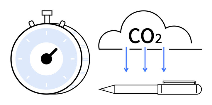 Environmental impact, carbon tracking, sustainability, emissions reduction, time management, data documentation. Stopwatch, CO2 cloud and pen in minimal style. Environmental impact and carbon