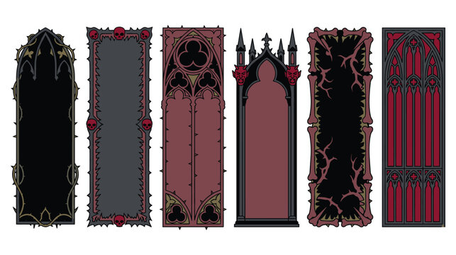 Gothic banners with spikes and skull details for halloween ornaments.