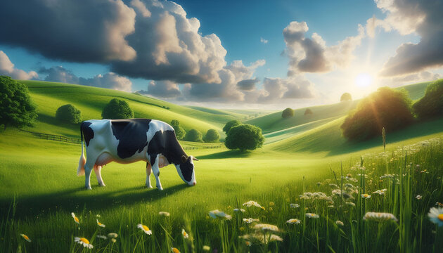 Dairy cow grazing on lush green meadow at sunrise with rolling hills and wildflowers representing natural farming and fresh milk production for World Milk Day