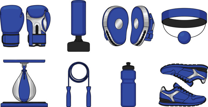 Blue Boxing and Fitness Equipment Icon Set Featuring Gloves Punching Bag Headgear Jump Rope Water Bottle and Running Shoes Vector Illustration