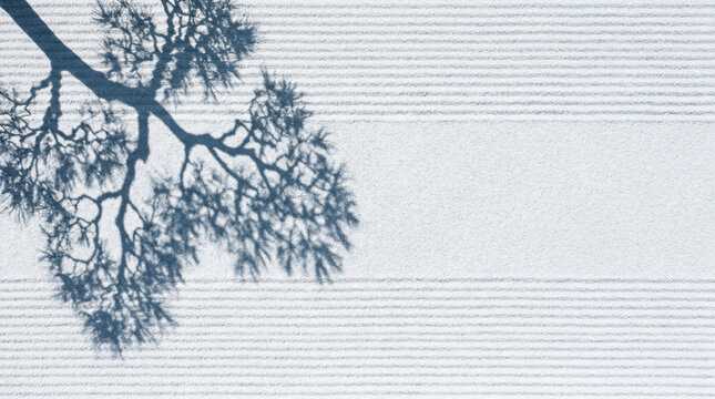 Zen Garden and Pine Tree Shadow - Japanese Background with Pine Silhouette on Sand Ripples and Copy Space