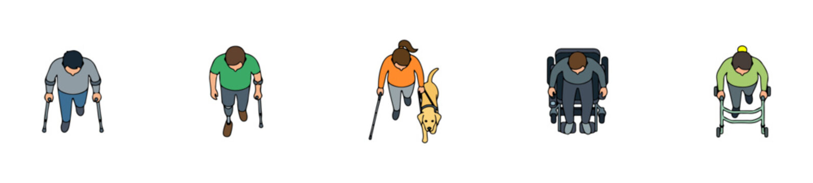 Top View Disabled and Elderly People Set with Wheelchair Walker Cane and Guide Dog, Overhead Accessibility Characters Collection for Healthcare, Inclusive Design and Architecture Plans