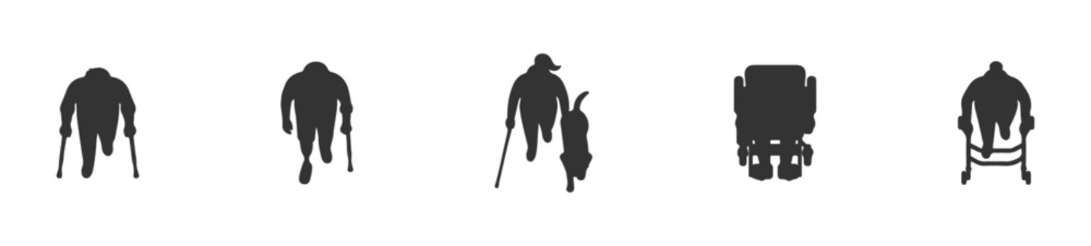 Top View Disabled and Elderly People Silhouette Set with Wheelchair Walker Cane and Guide Dog, Overhead Accessibility Black Figures for Architectural Plans and Inclusive Design