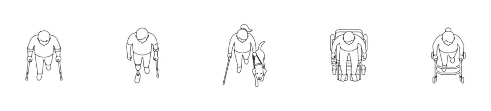 Top View Disabled and Elderly People White Fill Set with Wheelchair Walker Cane and Guide Dog, Overhead Accessibility Characters with Clean Solid Shapes for Architecture Plans