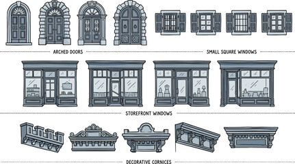 Naklejka premium Architectural Elements Vector Set Featuring Arched Doors Storefront Windows Small Square Windows and Decorative Cornices for Classic Building Facade Design