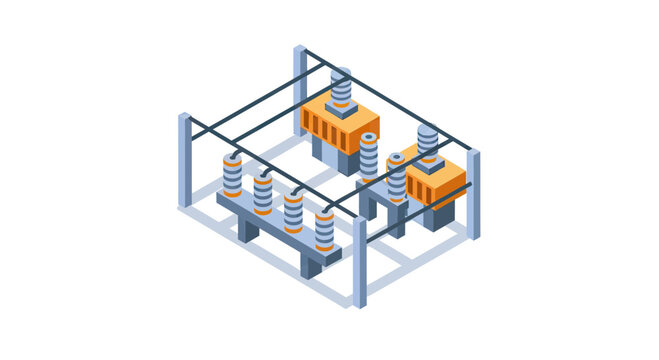 Isometric Vector Illustration of an Electrical Substation with High Voltage Transformers and Power Distribution Infrastructure