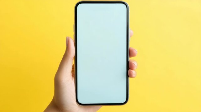 A hand gripping a modern smartphone displaying a blue screen.