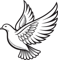 Fototapeta premium Holy Dove Flying Hand-drawn Sketch Drawing Vector Illustration, Line Linear Symbol Black and White Engraving, Isolated