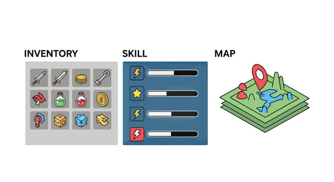 RPG Video Game User Interface UI Kit with Inventory Skill Progress Bars and Isometric Adventure Map