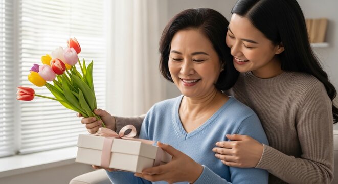 Asian daughter gifting colorful tulips and a present to her mother, smiling family celebrating Mother's Day at home, warm intergenerational bond, gratitude and love expression.