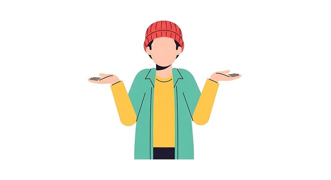 Person shrugging isolated on white background wearing red hat and casual clothes expressing indifference or confusion in a colorful illustration