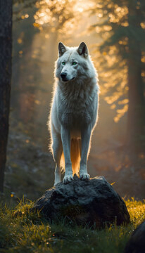 majestic white wolf with emerald eyes in golden mystical forest light
