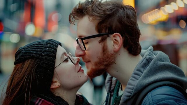 This captures a tender moment between two individuals sharing an affectionate kiss on a bustling city street. They are surrounded by the glow of storefronts and the hum of urban life.