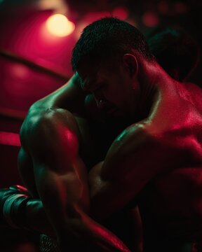 Two muscular male boxers grapple closely in a dimly lit ring, sweat glistening under moody red and green lighting.