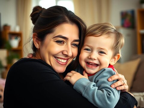 Mother's loving gaze watches her cheerful child in a warm, happy home embrace,  portrait,  love