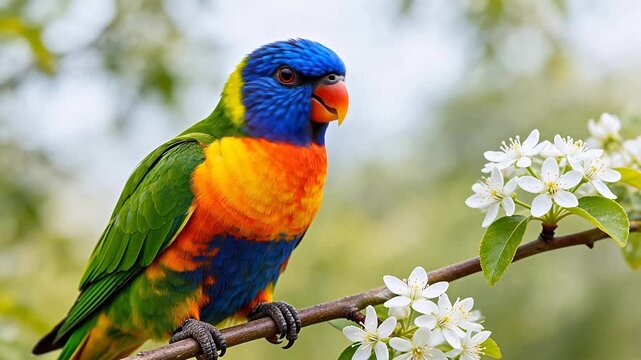 Colorful parrot perched on flower branch