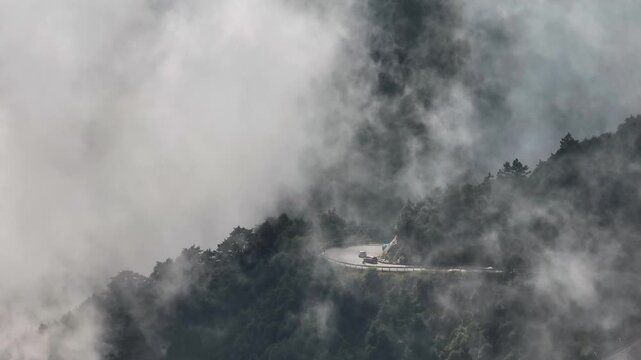 Aerial view the  Mountain road with ​​clouds 