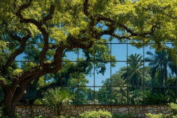 Fototapeta premium Reflection of Lush Green Trees in Polished Glass of a Modern Building