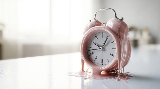 Classic alarm clock slowly melting on clean table surface, soft daylight, minimal interior background, surreal yet realistic texture, concept of time