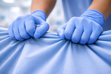 Fototapeta premium Medical Worker Gripping Surgical Drape with Gloves in Hospital Setting Representing Preparation for Procedure and Sterile Technique