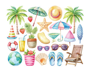 Obraz premium Watercolor Summer Vacation Icon Set, Beach Holiday Clipart Bundle, vector illustration Isolated on White background