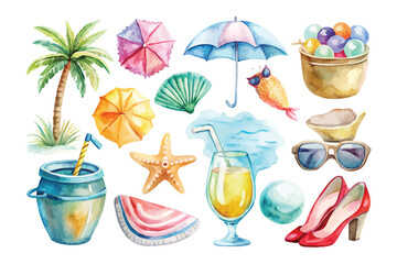 Obraz premium Hand-Painted Summer Travel Clipart Bundle, Beach Vacation Watercolor Icons, Isolated Vector Set