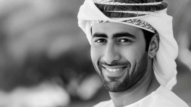A man wearing traditional attire from the United Arab Emirates, showcasing a headdress and outfit with intricate designs.