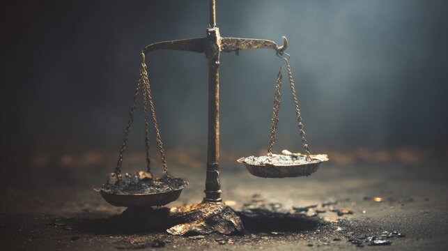 Damaged balance scale slightly broken, one side hanging lower, minimal background, concept of imbalance and loss of control, soft dramatic light