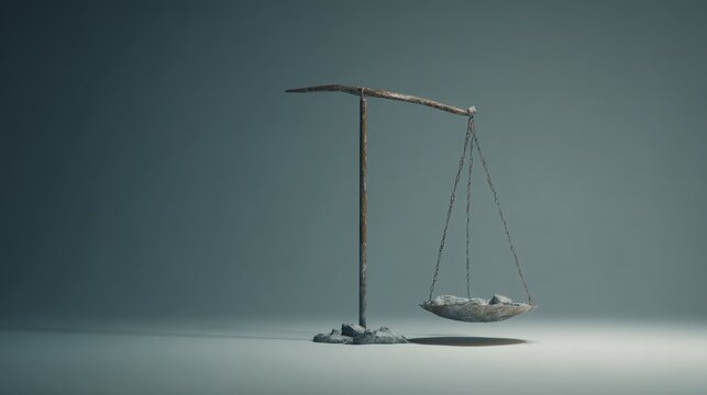 Damaged balance scale slightly broken, one side hanging lower, minimal background, concept of imbalance and loss of control, soft dramatic light