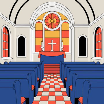 Modern minimalist church interior illustration with red pews and altar