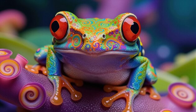 A vibrant, intricately patterned poison dart frog sits prominently against a swirling, abstract background.